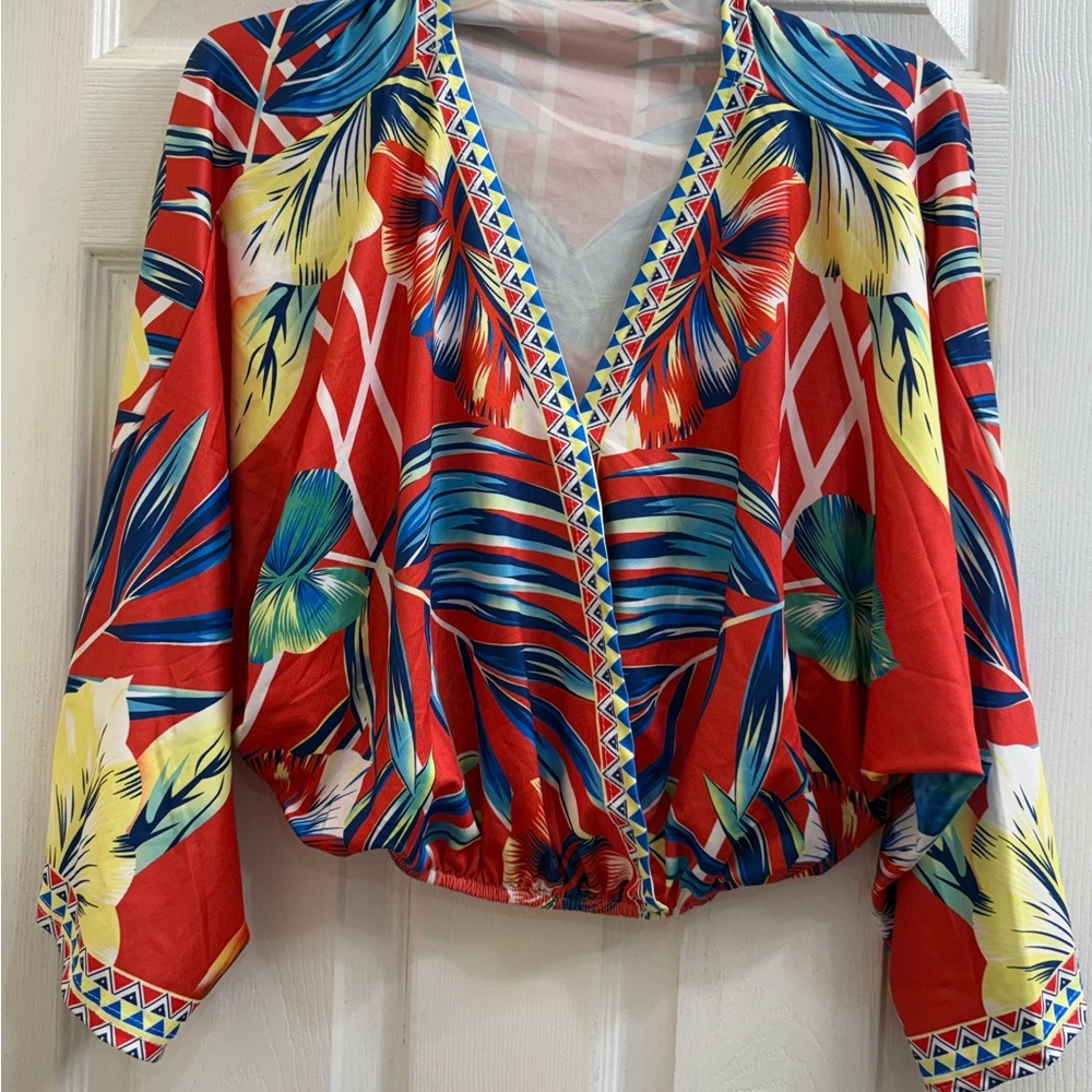 Tropical Print V-Neck Blouse